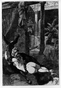 Lucius förvandlas av en slump till en åsna. Metamorfoser (Golden Donkey eller Asinus aureus), roman skriven av Apulee (Lucius Apuleius) (cirka 125-runt 180) på 200-talet. Etsande vatten av Martin Van Maele av Martin van Maele