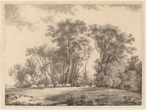 En äng med boskap vid kanten av en skog