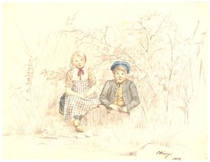 Pojke och flicka sittande i grönskan av Martinus Rørbye