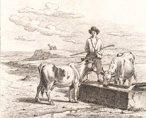 En herdepojke vid ett vattentråg. Illustration till Chr. Winthers "Tjugofem bilder för små barn" av Martinus Rørbye