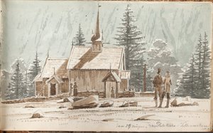 Människor i en stavkyrka. I bakgrunden en sluttning av Martinus Rørbye