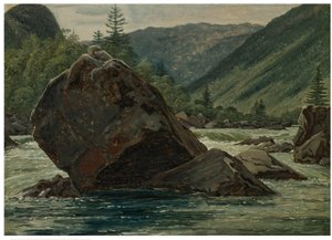 En utskjutande klippa i forsen (Fos med utmärkt klippstycke)