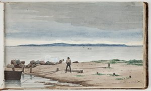Utsikt mot ett strandlandskap med stormmoln på himlen. Två män arbetar vid en båt och en brand i förgrunden av Martinus Rørbye