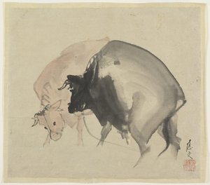 Two Bulls, ca 1810 (bläck och färger på papper) av Maruyama Oju
