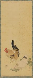 Tupp, höna och fågelunge, Edo-period, 1700-tal.