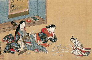 Kvinnor som spelar kort, av Maruyama Okyo (1733-1765), sidenmålning i ukiyo-e-stil, Japan