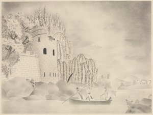 The Lonely Tower (Slott vid en flod med pilar och en båt) av Mary Altha Nims