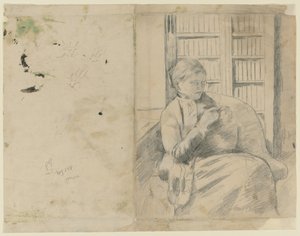 Stickning i biblioteket recto, Stickning i biblioteket verso, c. 1881. av Mary Cassatt