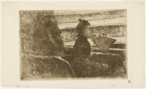 Dam i svart, i en loge, vänd åt höger av Mary Cassatt