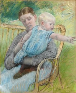 Mathilde håller en bebis som sträcker sig åt höger, ca 1889 av Mary Cassatt