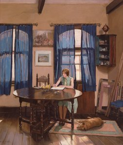 Interiör med en kvinnlig konstnär som målar vid ett bord för grindben av Mary Dawson Elwell