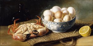 En krabba och en skål med ägg på en korg, med en flaska och en halv citron av Mary E. Powis