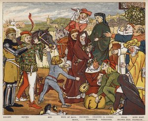 Geoffrey Chaucer, The Canterbury Tales, The Pilgrims leaving The Tabard Inn (färg litho)