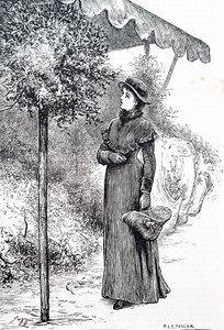En kvinna som köper järnek för att använda till juldekorationer. Av Mary Ellen Edwards (1838-1934), en engelsk konstnär av Mary Ellen Edwards