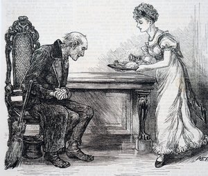 En kvinna som ger sopmaskinen en varm middag. Av Mary Ellen Edwards (1838-1934), en engelsk konstnär av Mary Ellen Edwards