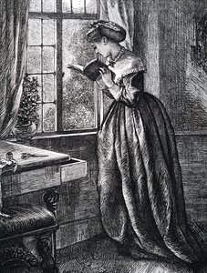 En ung kvinna som läser vid ett öppet fönster. av Mary Ellen Edwards