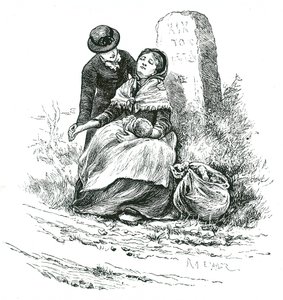 En utblottad, ogift mamma hittades utmattad på väg till Workhouse med sin baby. Scen som påminner om en Thomas Hardy-roman men en inte ovanlig på landsbygden i hela landet. Illustration av Mary Ellen Edwards c1881. av Mary Ellen Edwards
