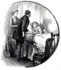 En gravyr som föreställer en läkare som besöker sin unga patient hemma. Illustrerad av Mary Ellen Edwards (1838-1934), en engelsk konstnär och produktiv illustratör av barnböcker av Mary Ellen Edwards