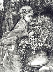 En gravyr som föreställer en ung flicka som luktar blommor inrymd i en trädgårdsurna. Illustrerad av Mary Ellen Edwards (1838-1934), en engelsk konstnär och illustratör av barnböcker av Mary Ellen Edwards