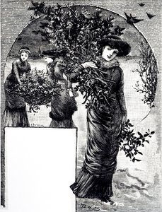 En gravyr som föreställer samlingen av järnek och vintergröna för juldekoration. Illustrerad av Mary Ellen Edwards (1838-1934), en engelsk konstnär och illustratör av barnböcker av Mary Ellen Edwards