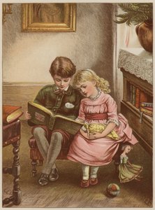 Pojke och flicka läser bok (chromolitho) av Mary Ellen Edwards