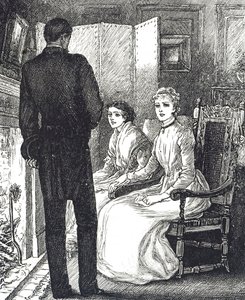 Gravyr föreställande två kvinnor som håller värmen bredvid den öppna spisen av Mary Ellen Edwards