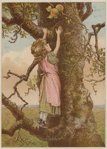 Flicka som klättrar för de sista äpplena (chromolitho) av Mary Ellen Edwards