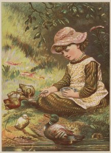 Flicka som matar ankungar (chromolitho)