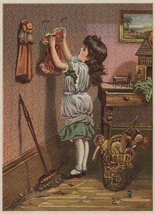 Flicka som hänger upp dockkläder (chromolitho) av Mary Ellen Edwards
