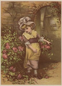 Tjej som plockar rosor (chromolitho) av Mary Ellen Edwards
