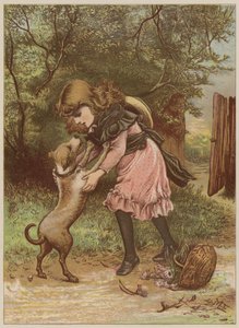 Flicka som leker med hund (chromolitho)