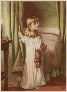 Tjej som drar sig tillbaka till sängen (chromolitho) av Mary Ellen Edwards