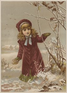 Tjej som tar bröd för att mata fåglar i snön (chromolitho) av Mary Ellen Edwards