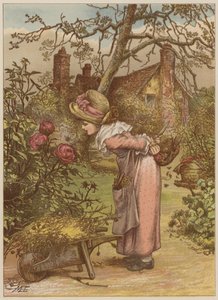 Flicka som tittar på bi i trädgården (chromolitho) av Mary Ellen Edwards