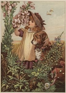 Flicka med hund som luktar blommor (chromolitho)