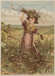 Flicka med blommor och fjärilar (chromolitho) av Mary Ellen Edwards