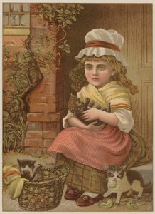Flicka med kattungar (chromolitho) av Mary Ellen Edwards
