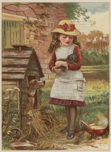 Flicka med valp (chromolitho)
