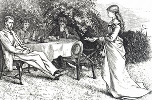 Illustration som visar en familj som tar frukost i trädgården av Mary Ellen Edwards