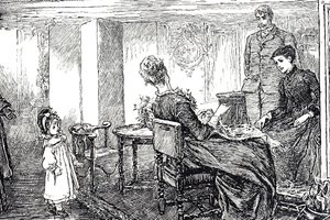 Illustration av en liten flicka som tas om hand av sina mostrar och farbror under en eftermiddag av Mary Ellen Edwards