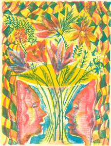 Ansikten och blommor, 2015 (litografi) av Mary Kuper