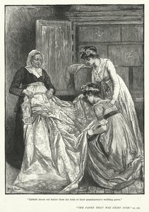 "Lisbeth skakade ut vecken av deras mormors brudklänning framför dem" (gravyr) av Mary L. Gow
