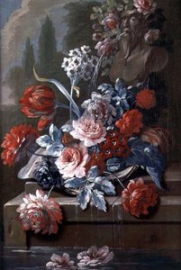 Stilleben av blommor vid en fontän (olja på duk) (par 121413)