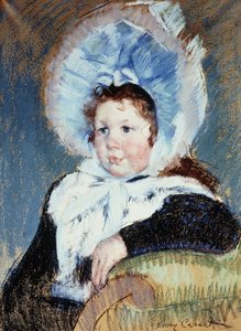 Dorothy i en mycket stor motorhuv och en mörk kappa, c.1904 av Mary Cassatt