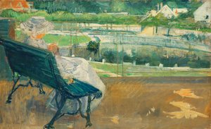 Lydia sitter på en veranda, virkar, ca 1881 av Mary Cassatt
