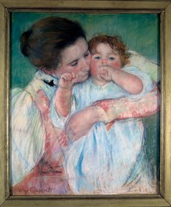 Mor och barn på grön bakgrund eller moderskapsmålning av Mary Cassatt (1844-1926) 1897 Sön. 0,55x0,46 m Paris, musee d