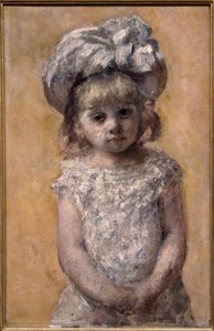 Porträtt av flicka eller spets klänning. Porträtt av en liten flicka i en vit klänning ser ledsen ut. Målning av amerikanska Mary Cassatt (1844-1926)