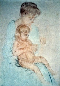 Kvinna som håller ett litet nakent barn i knäet medan hon manikyrerar sina naglar, c1904. Pastell. Mary Cassatt (1844-1926) amerikansk målare och grafiker som från 1866 huvudsakligen bodde i Frankrike. Inhemsk mor barn