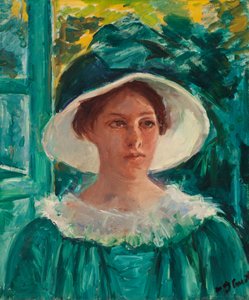 Ung kvinna i grönt, utomhus i solen (huvud för en ung kvinna), ca. 1914 (olja på duk)