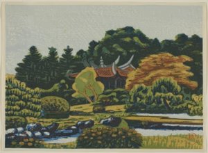 Tryck av Shinjuku Imperial Garden (Shinjuku Gyoen hanga) av Masao Maeda